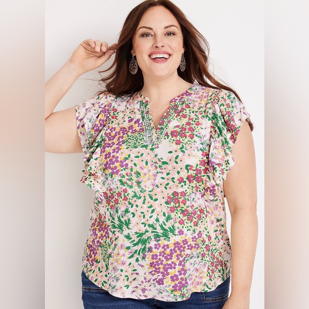 Maurices Womens Vibrant Floral Flutter Sleeve Embroidered V-Neck Plus 3X Blouse